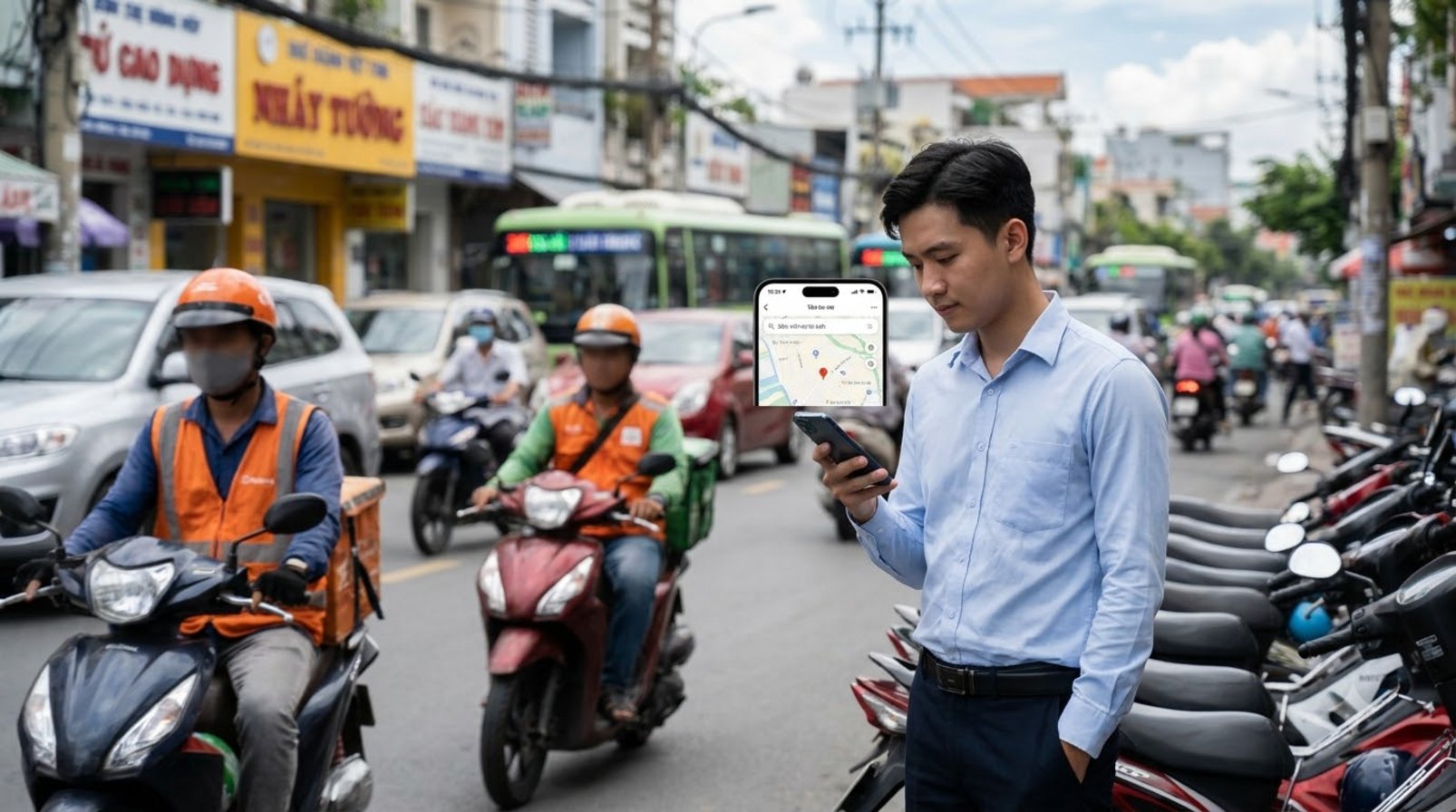 Người trẻ ở phố Việt Nam dùng điện thoại giữa dòng xe và cửa hàng