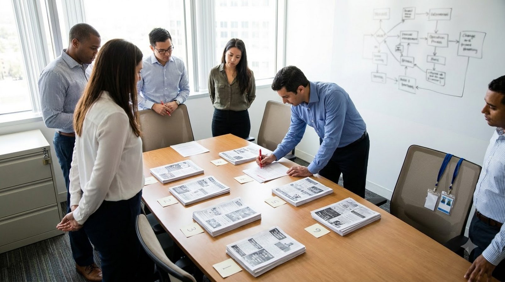 A review meeting room with printed mockups, reviewers, and a tightly controlled permission workflow