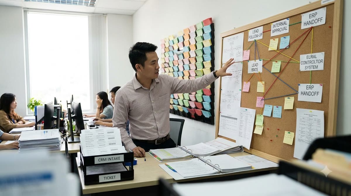 Khu hỗ trợ doanh nghiệp với phiếu ticket, bảng quy trình và các biểu mẫu xử lý
