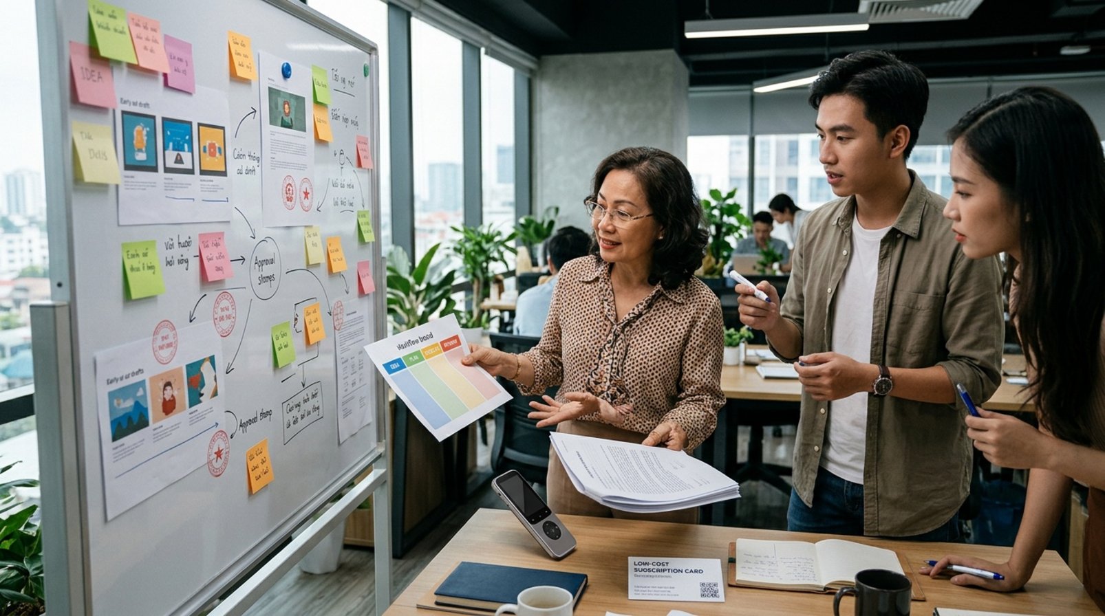 Nhân sự agency so sánh sơ đồ quy trình với hợp đồng dịch vụ và thẻ đăng ký