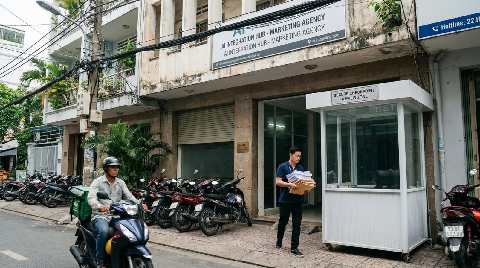 Lối vào văn phòng marketing tại Việt Nam với xe máy, hồ sơ in và quầy tiếp nhận