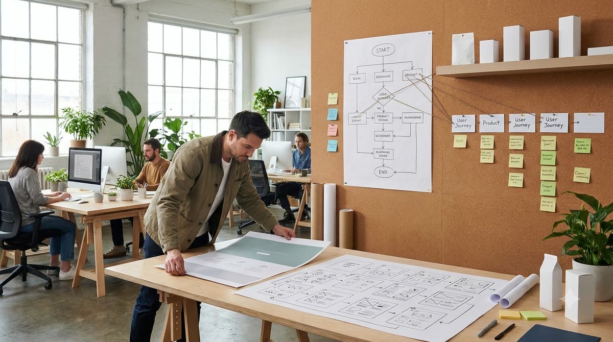 Không gian studio với bản in landing page, sơ đồ email và ghi chú hành trình chuyển đổi