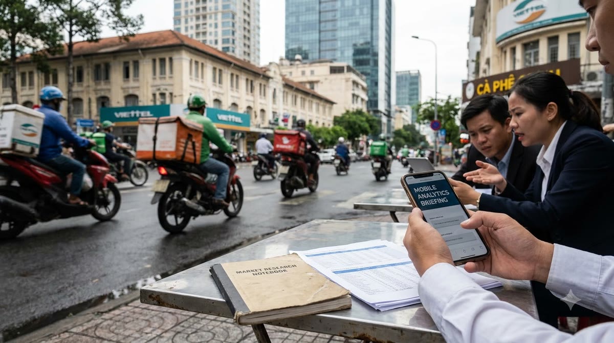 Khu phố văn phòng Sài Gòn với báo cáo SEO giấy và xe máy qua lại