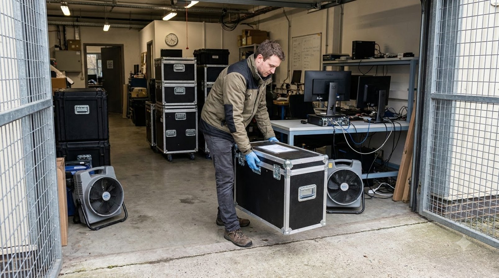 Engineer carrying a hardware box into a lab for testing a mid-sized model
