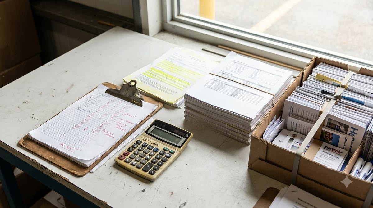 Giấy tờ kiểm tra, máy tính cầm tay và hồ sơ audit trong phòng kiểm soát chất lượng