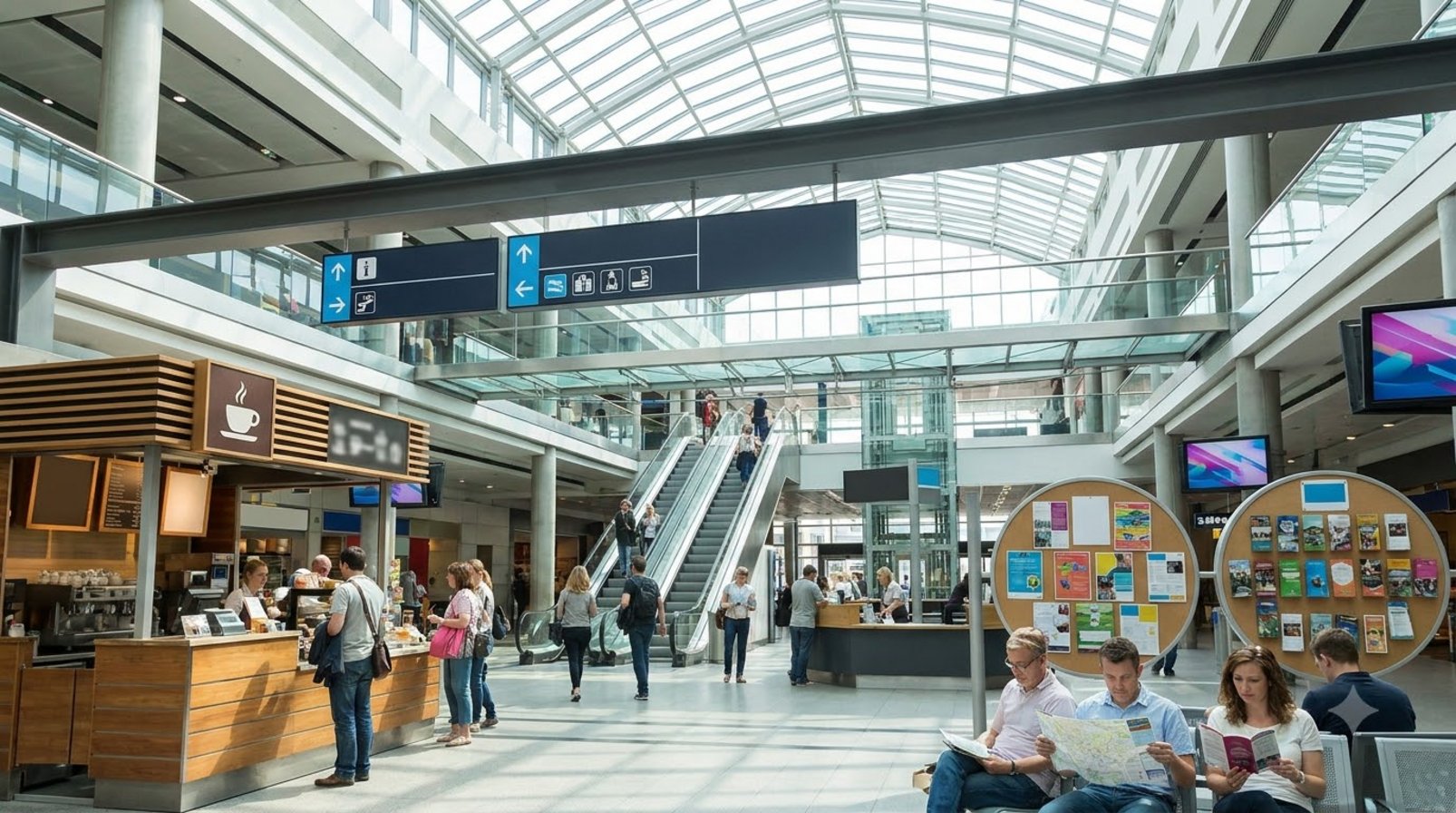 Ga trung chuyển nhiều lớp với quầy dịch vụ, bản đồ và tờ rơi địa phương