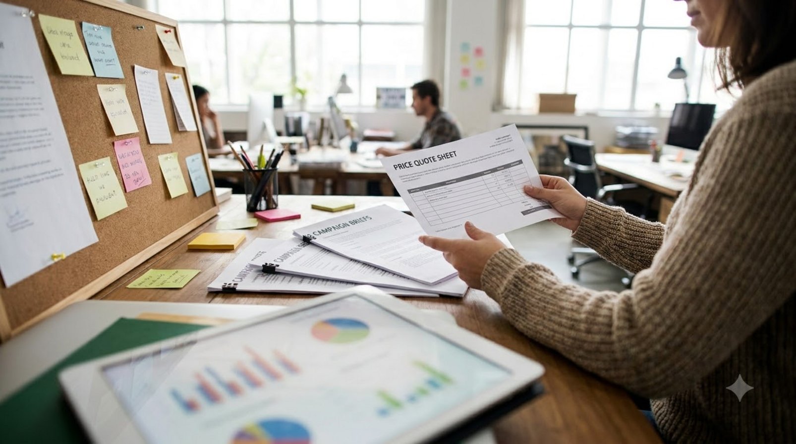 A marketer reviewing a quote sheet, printed brief, and workflow notes in a studio room