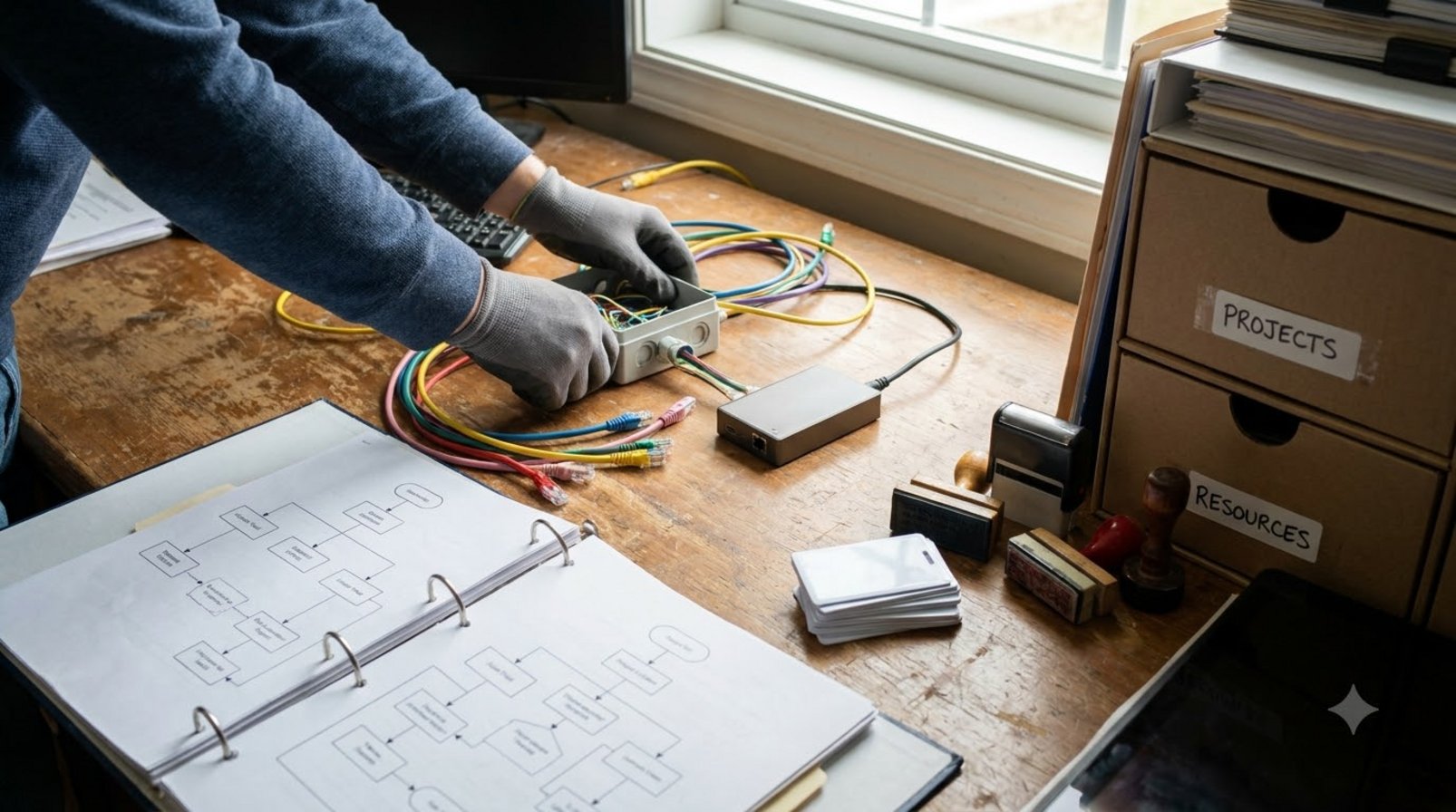 Bàn làm việc hệ thống với sơ đồ quy trình, thẻ truy cập và thiết bị kết nối