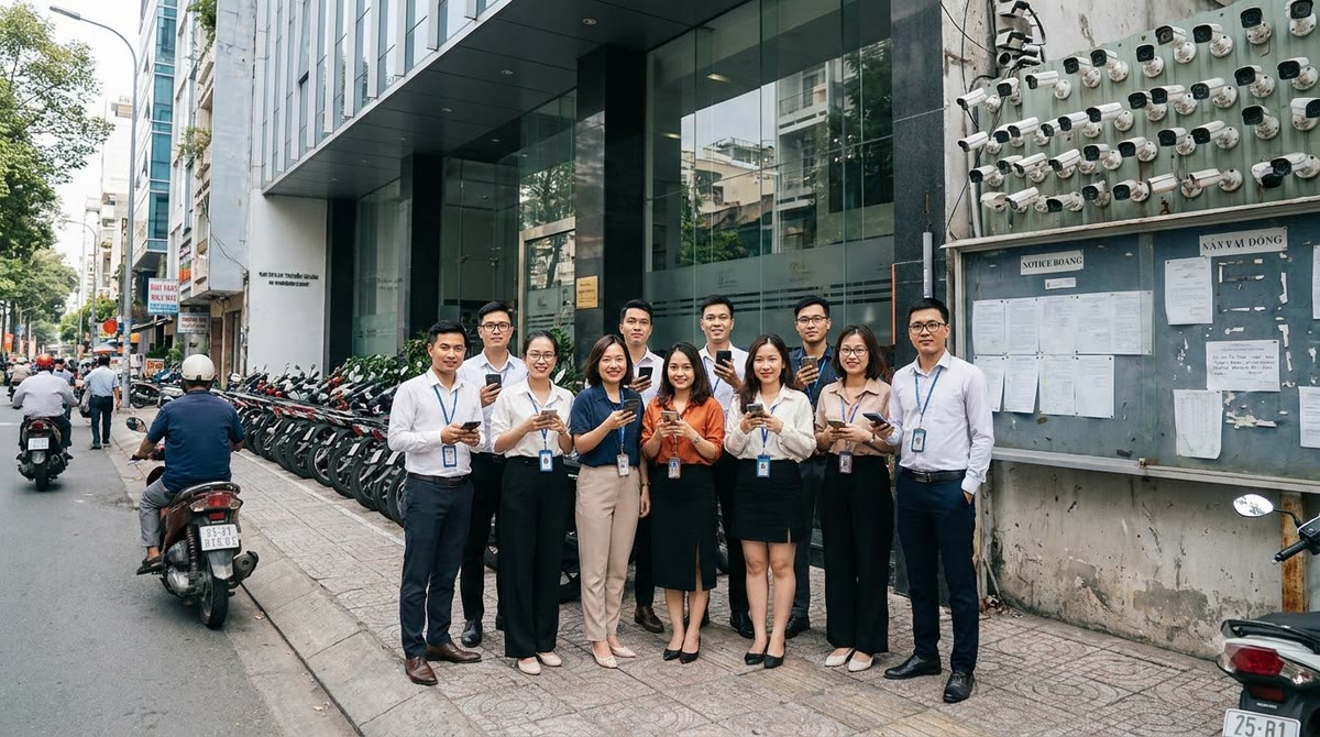 A group of staff holding phones and access cards in front of an office building in Vietnam