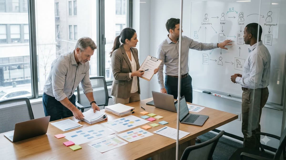 Marketing team meeting around process documents and task assignment board