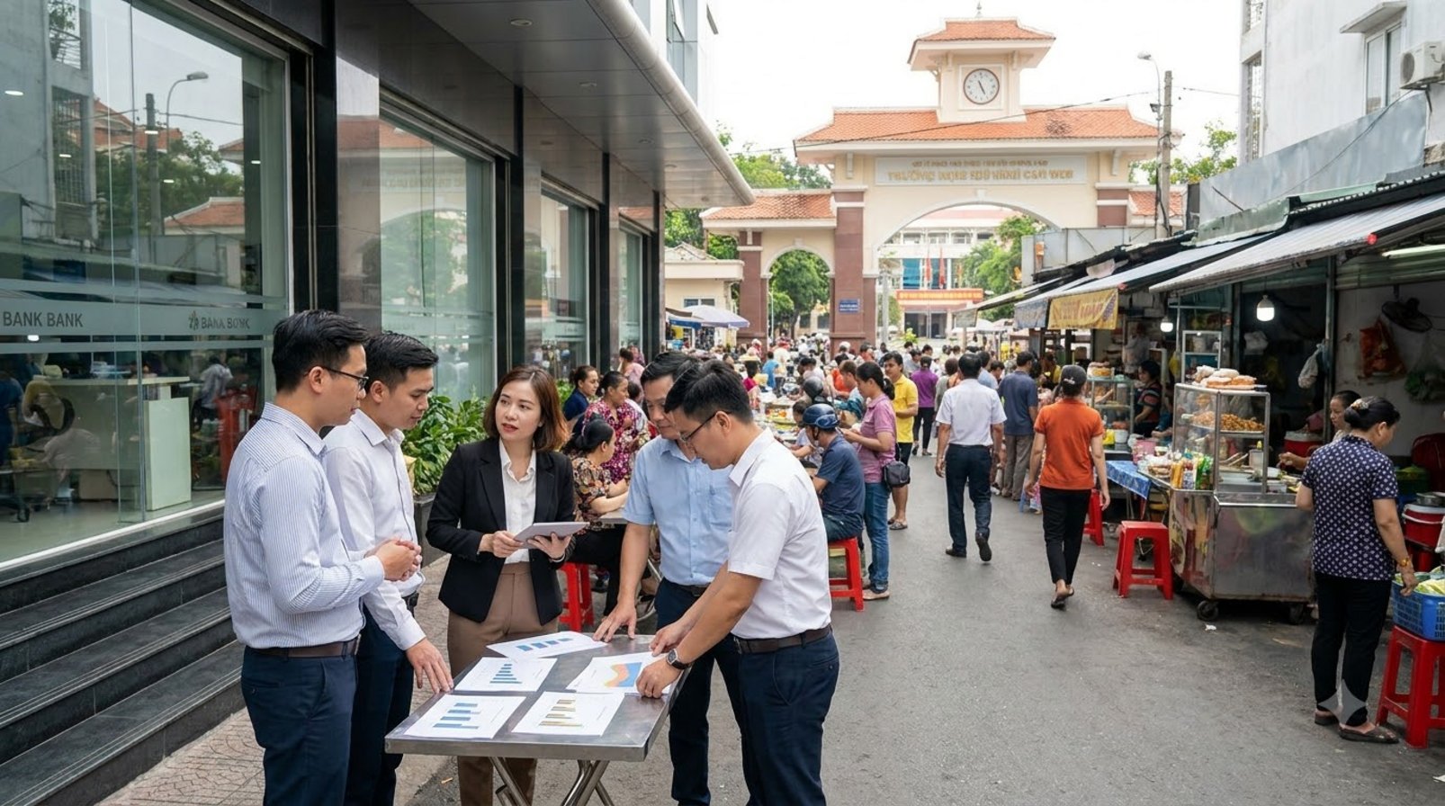 A group of marketers standing in front of a Vietnamese market street, checking reports and observing customers