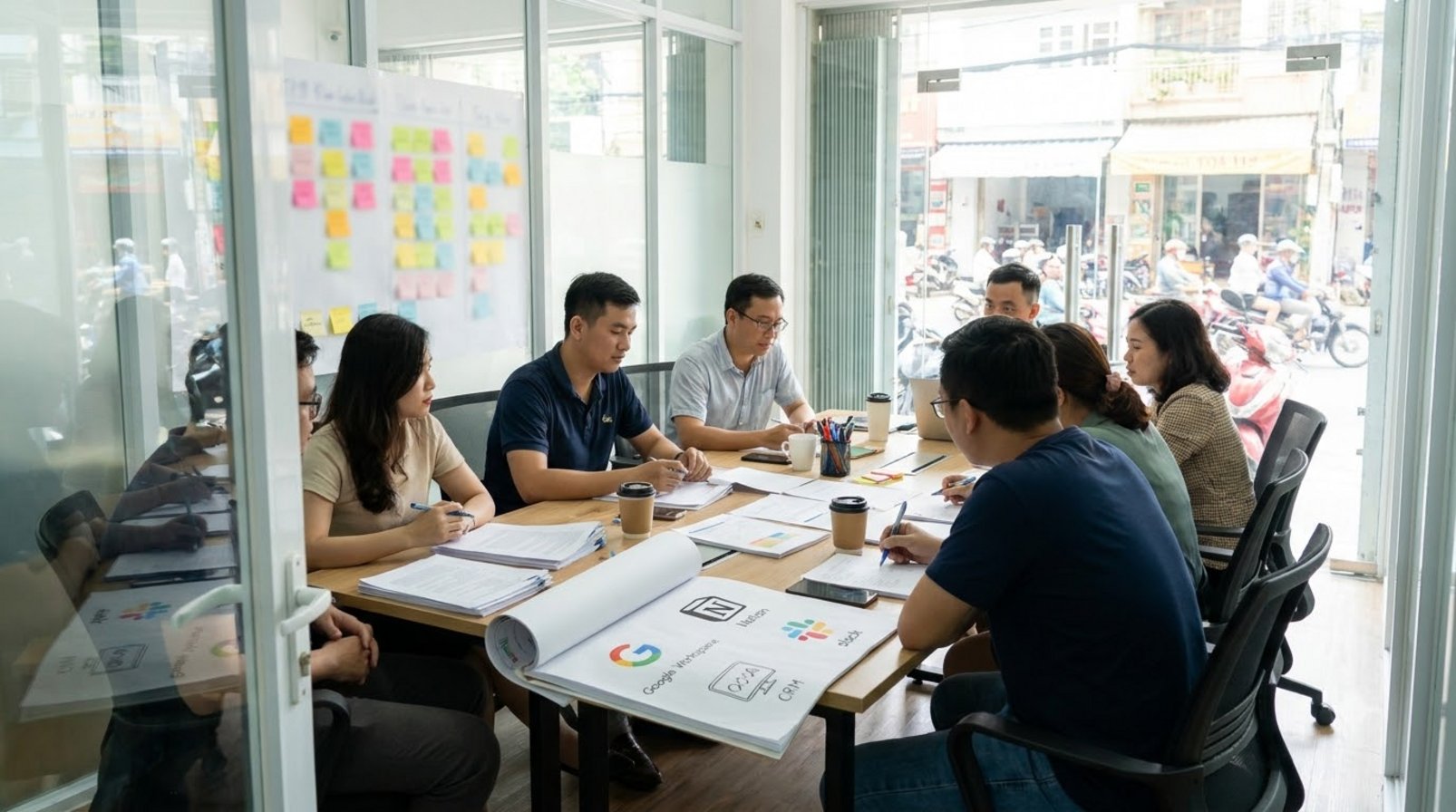 A Vietnamese office meeting room with workflow integration papers and work notes