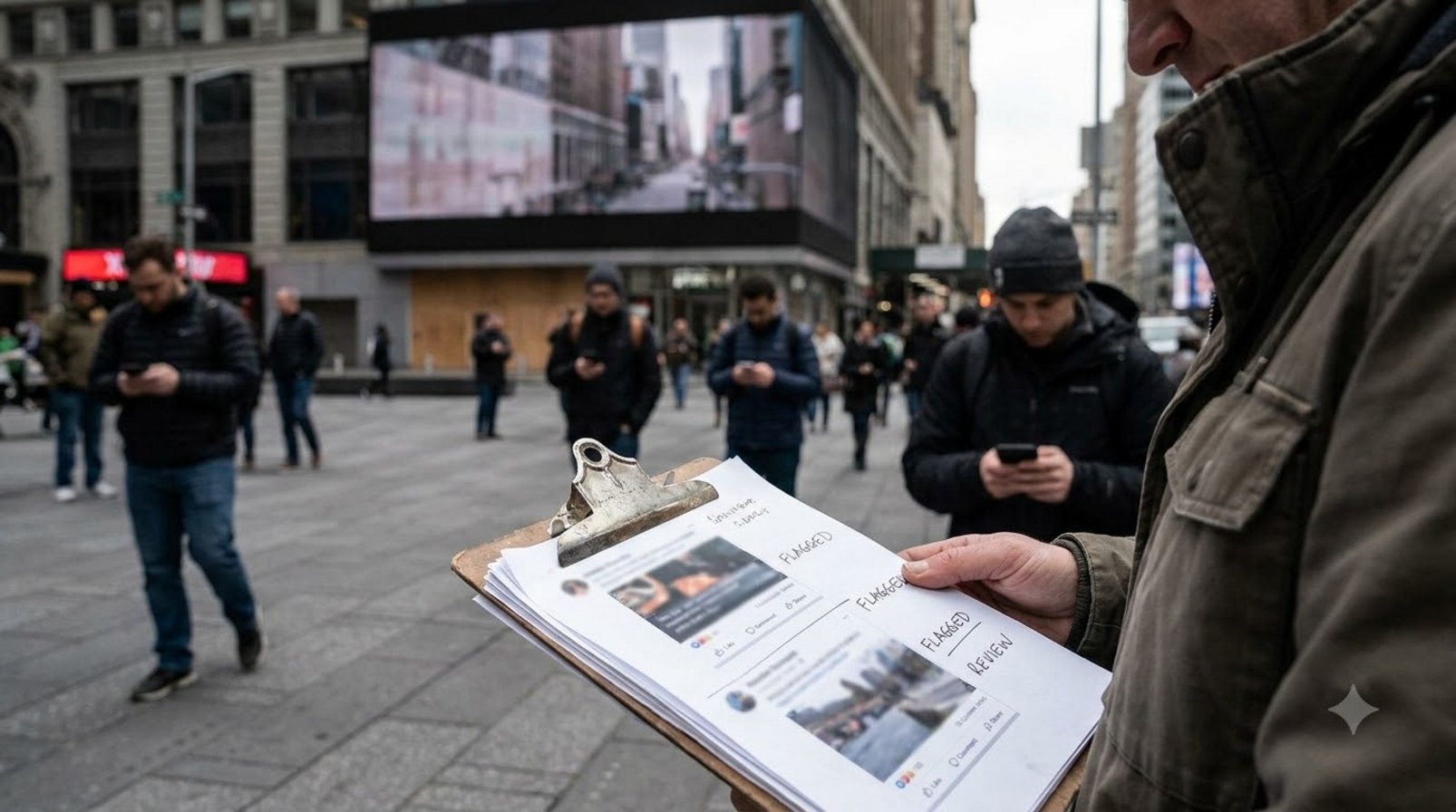 Staff reviewing printed posts beside a crowded square and a large billboard