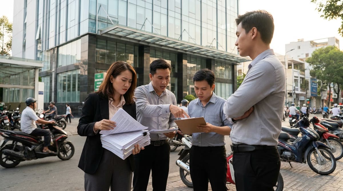 Nhóm marketing đứng ngoài tòa nhà văn phòng, cầm báo cáo và giấy ghi chú
