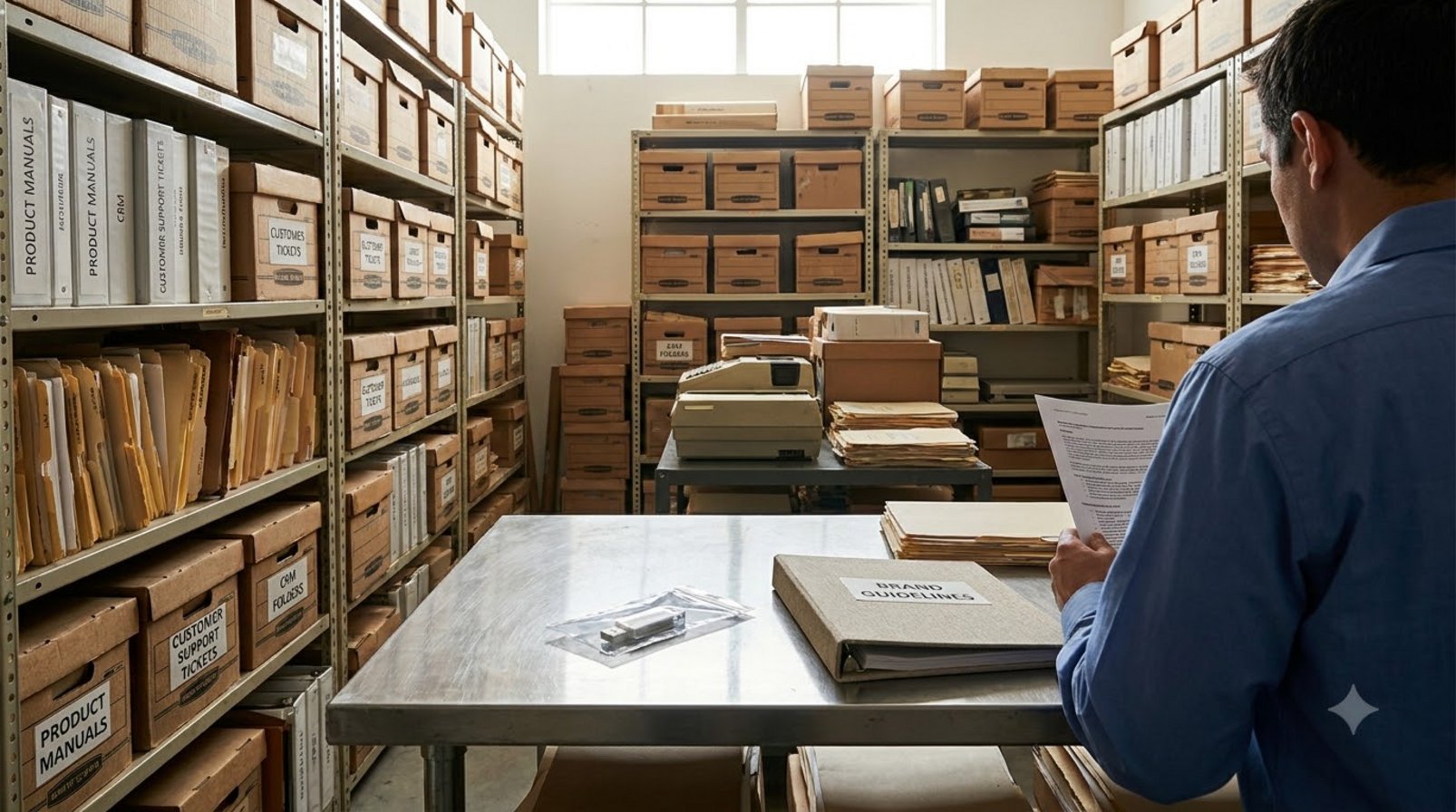 Internal document archive, customer records, and brand handbook on a metal table
