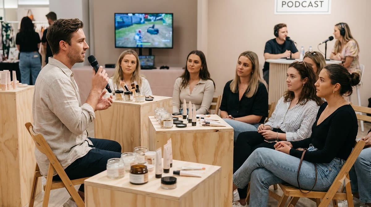 A creator speaking to a small group in a branded event space
