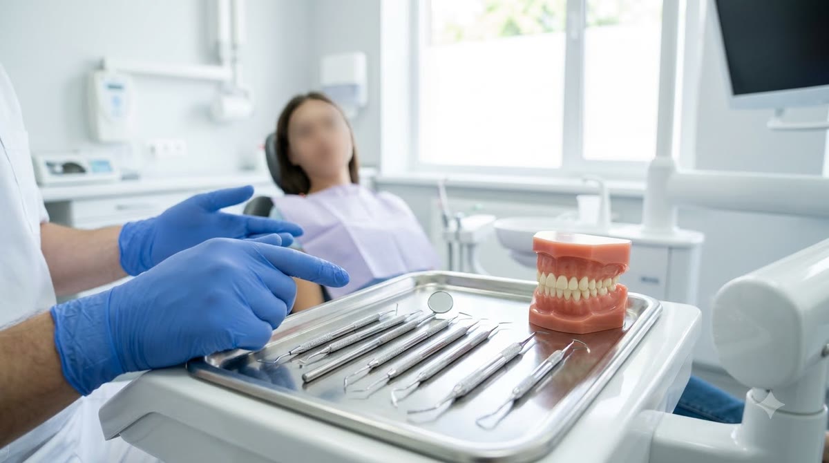 Bác sĩ nha khoa chỉ vào mô hình răng trong phòng khám