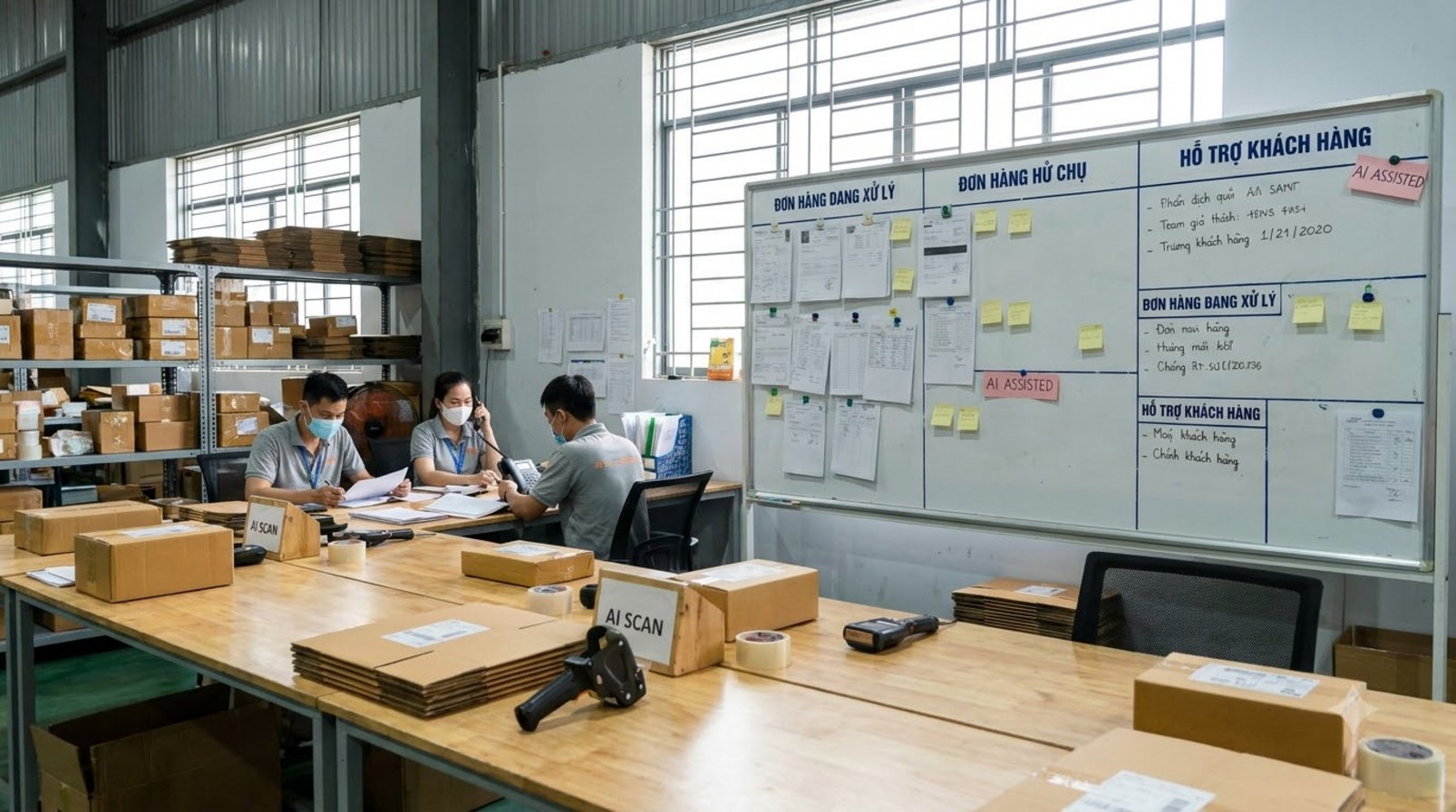 Khu logistics doanh nghiệp Việt Nam với thùng hàng và bảng quy trình giấy