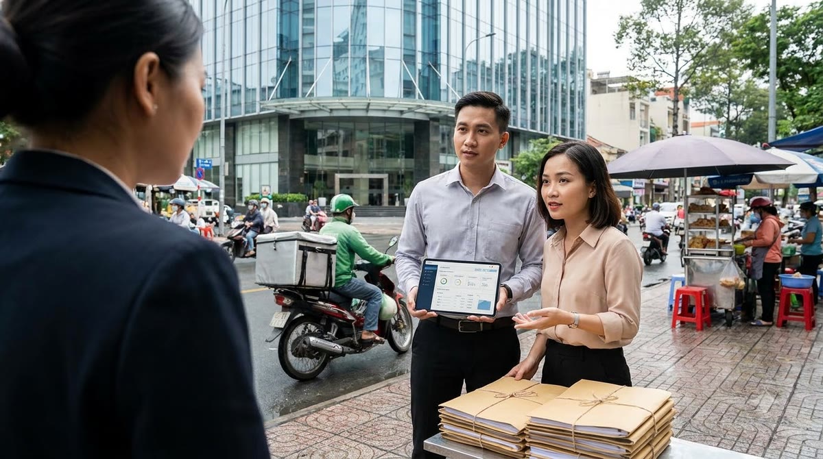 Hai nhân sự mua sắm đứng trước tòa nhà văn phòng ở Việt Nam, cạnh hồ sơ phần mềm