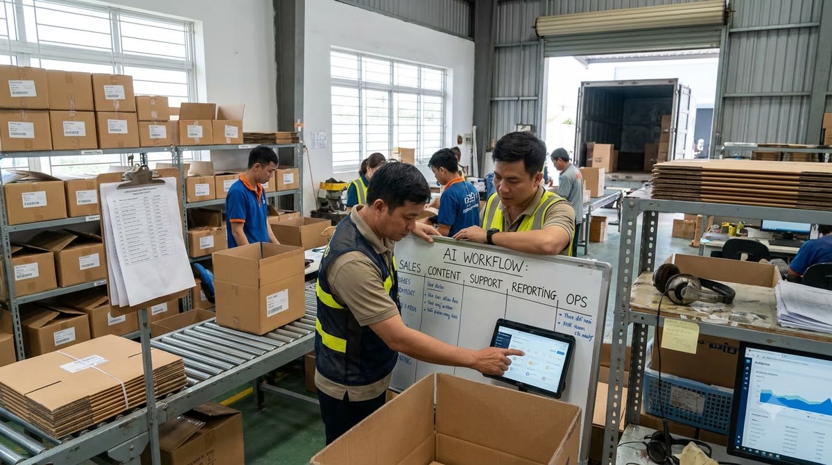 Kho hàng Việt Nam với dây chuyền đóng gói, giấy tờ đơn hàng và bảng quy trình