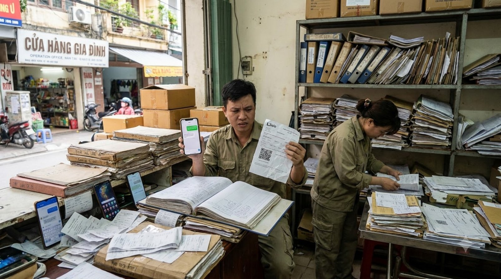 Cửa hàng và văn phòng nhỏ ở Việt Nam với hóa đơn, điện thoại và hồ sơ phân tán