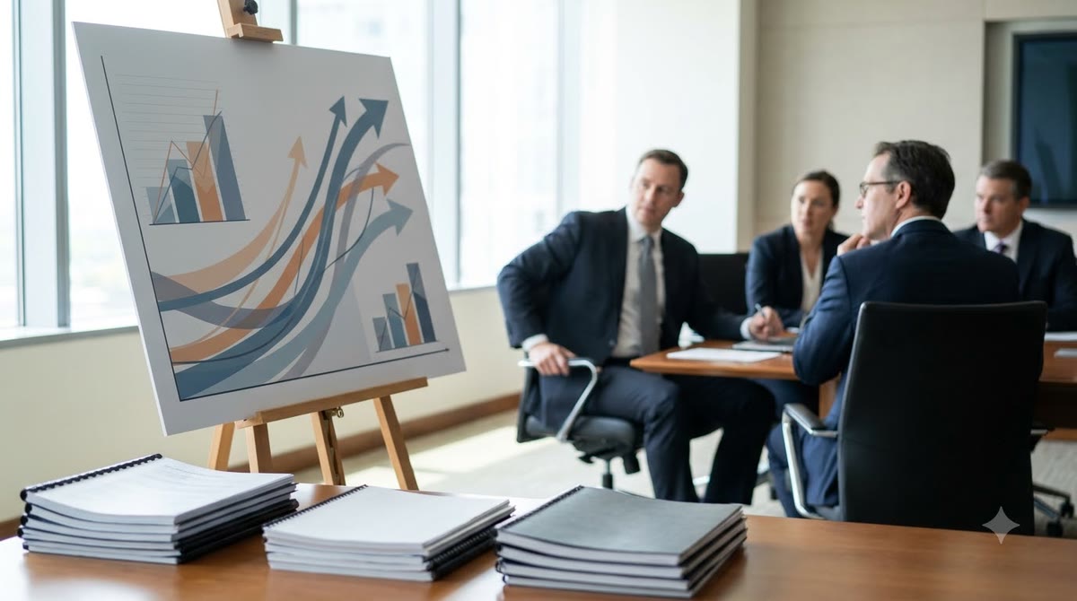 Phòng họp đầu tư với bảng dự báo doanh thu và các biểu đồ đi lên