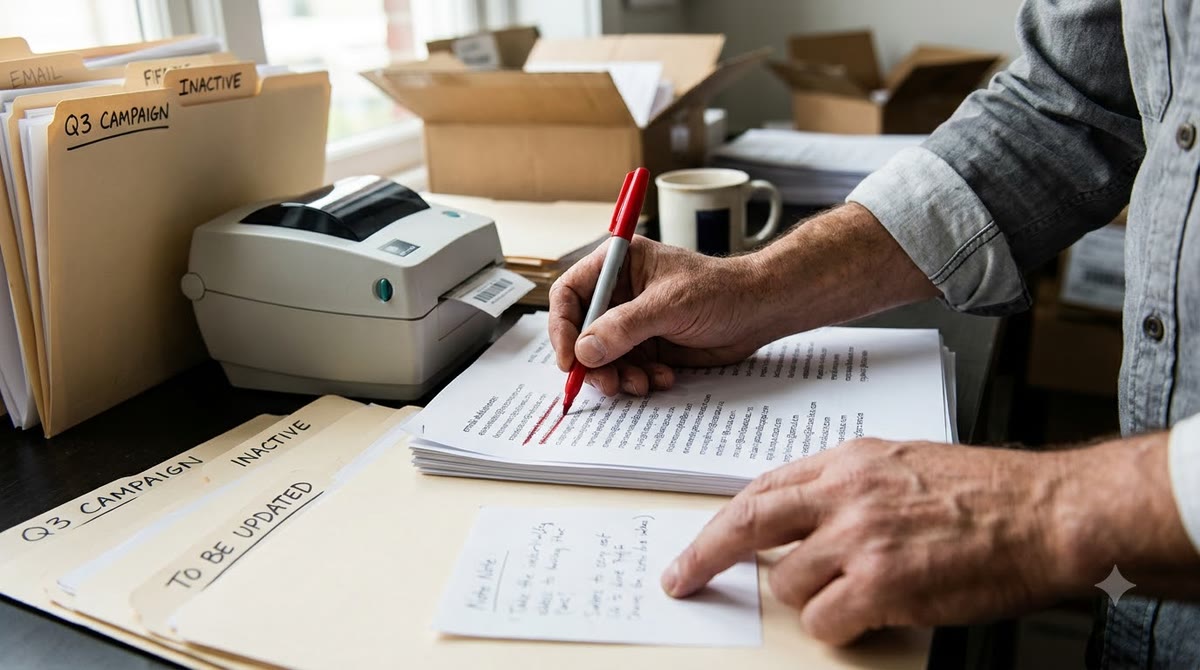 Nhân viên đang rà soát danh sách email in giấy và đánh dấu địa chỉ cũ trong khu xử lý thư