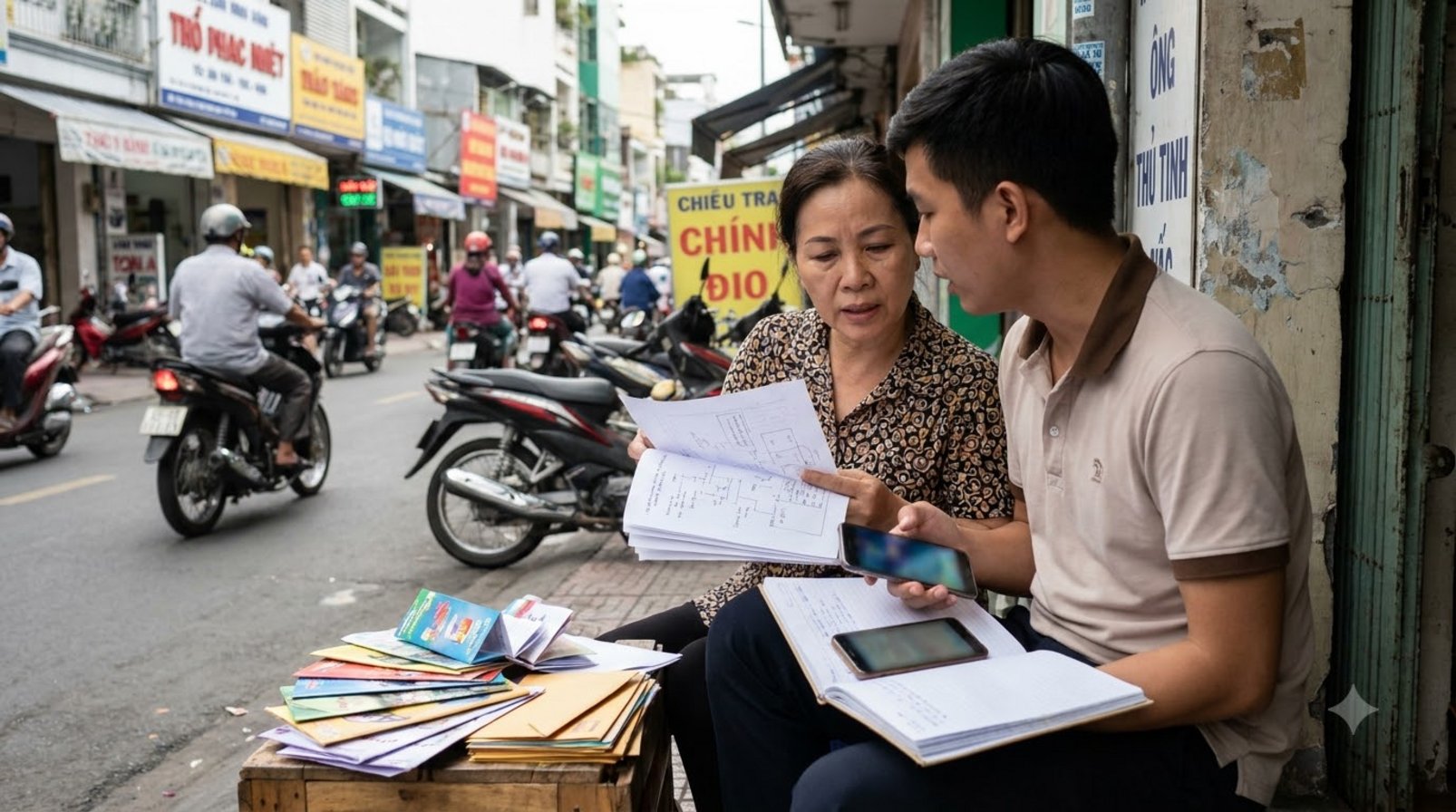Chủ cửa hàng và marketer xem ghi chú hành trình khách hàng trước mặt tiền phố nhộn nhịp