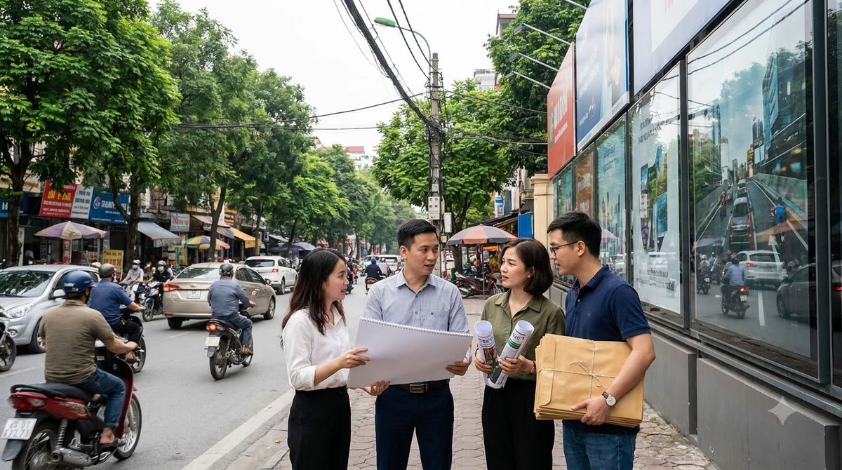 A small content team standing beside a busy street, holding a campaign calendar and newsletter mockups