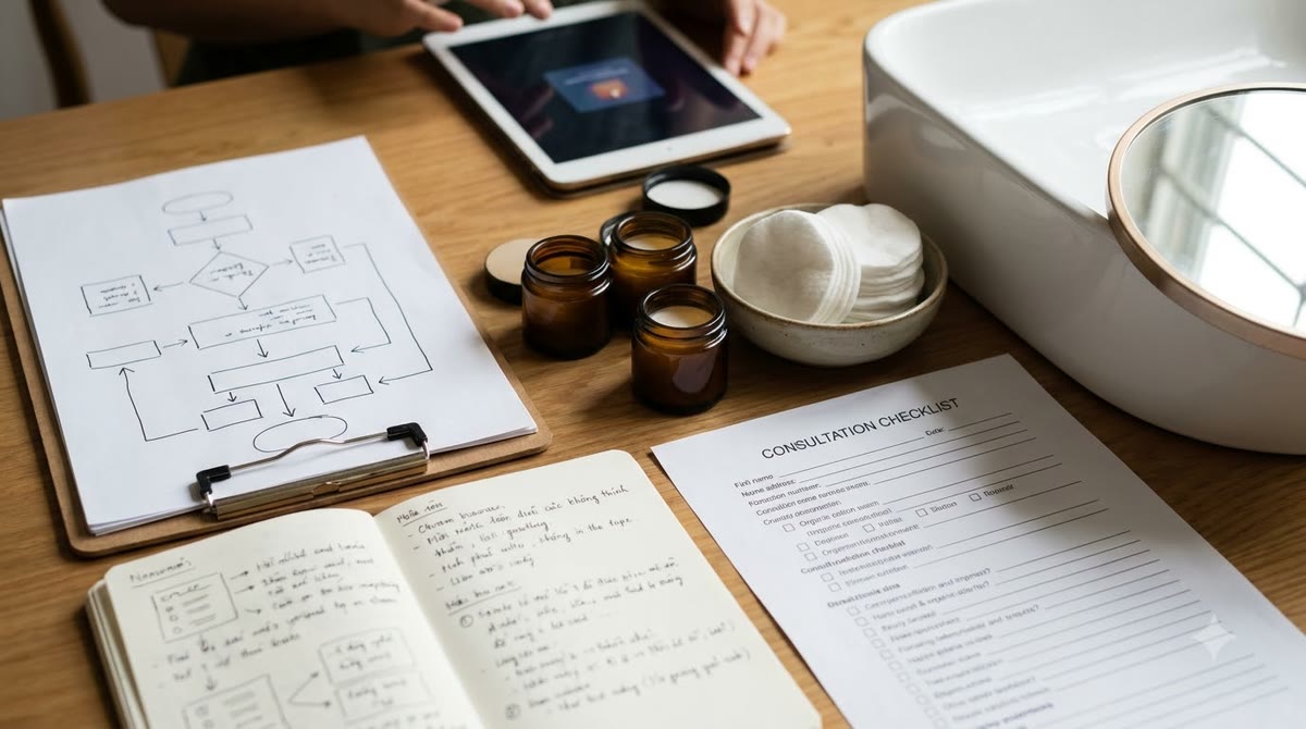 Bàn chuẩn bị chiến dịch với mẫu thử, ghi chú và checklist tư vấn bên bồn rửa