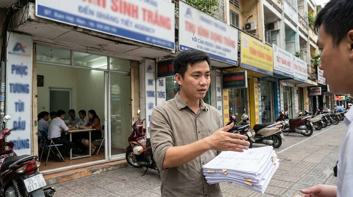 Khu phố kinh doanh tại Việt Nam với cửa hiệu nhỏ, xe máy và sơ đồ quy trình in giấy