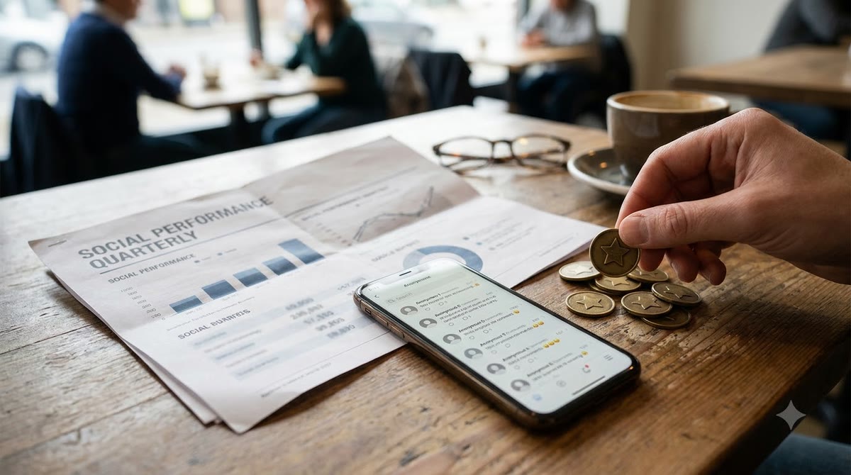Coffee table with a performance report, a phone showing comments, and metal reward coins