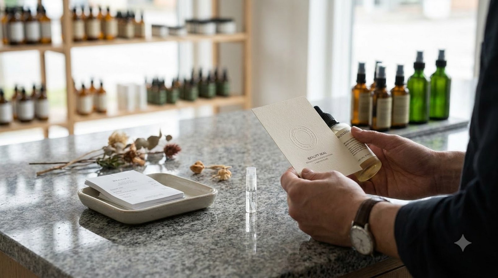 Customer checking products and certification labels at a small retail counter