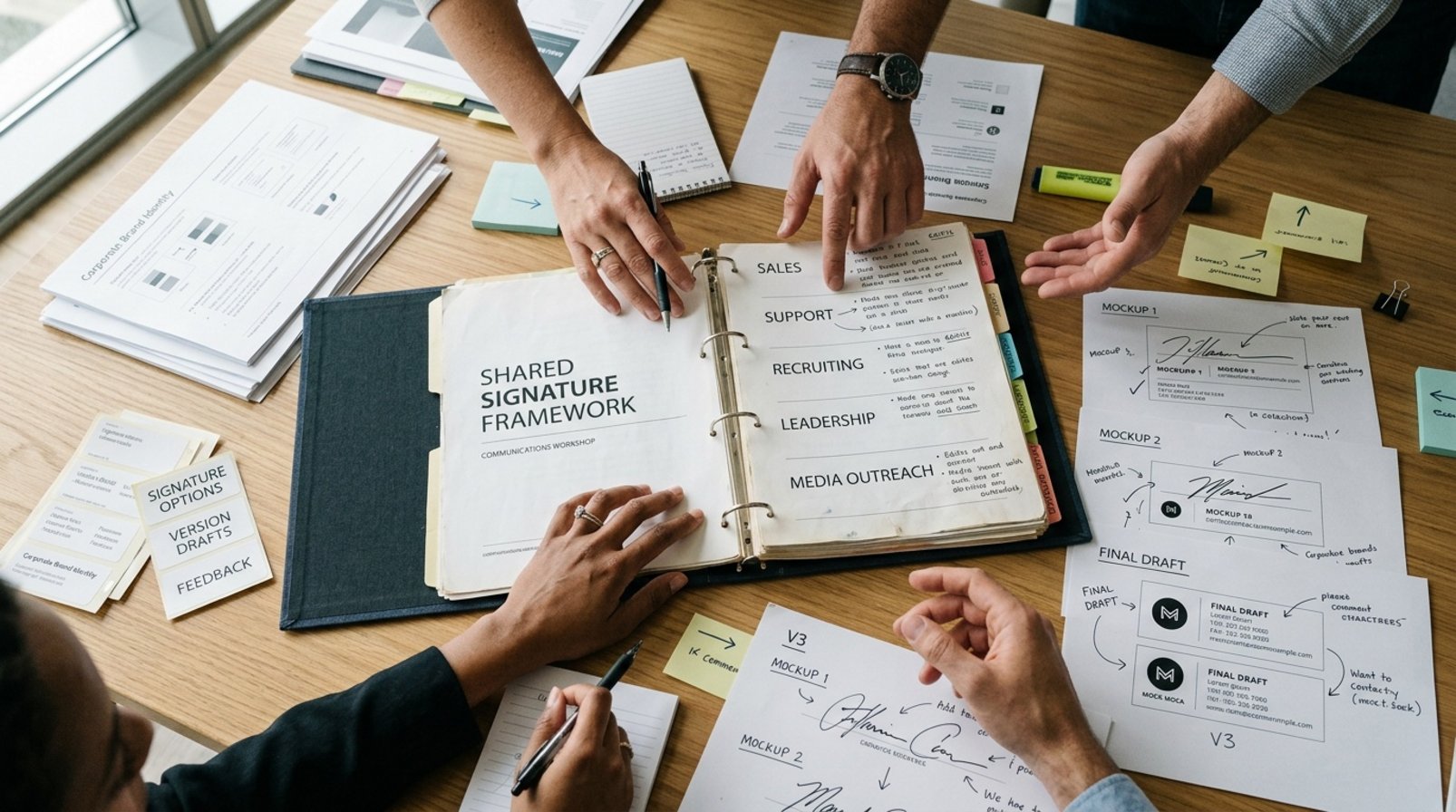Meeting table with standardized documents and signature templates categorized by purpose