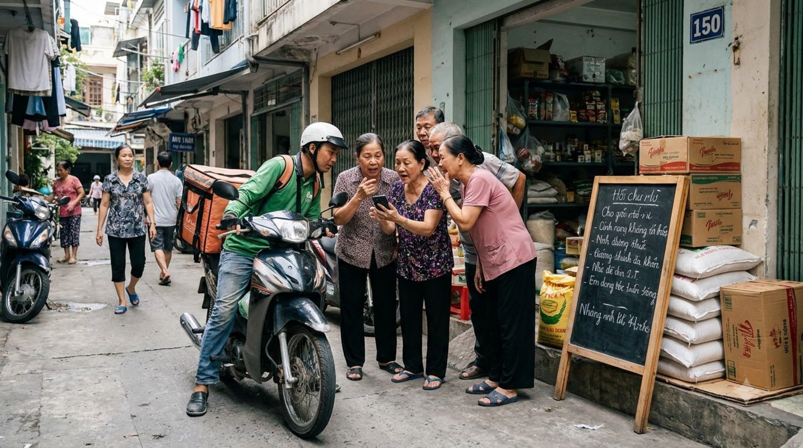 Người dân trong hẻm nhìn nhau quanh chiếc điện thoại, xe máy đỗ sát lề
