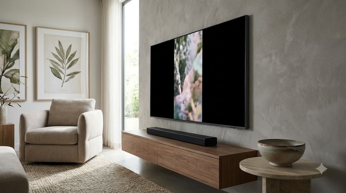 Phòng khách với TV lớn phát video mạng xã hội trên màn hình sáng rõ