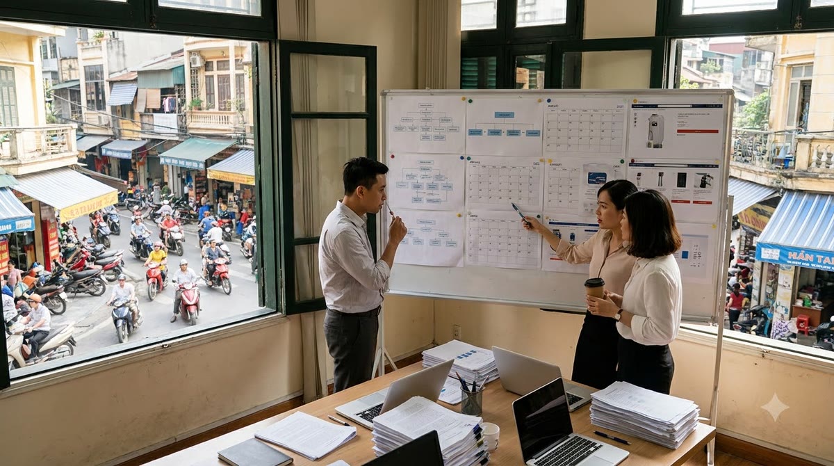 Nhóm marketing xem lịch nội dung và sơ đồ liên kết bên cửa sổ nhìn ra phố Việt Nam