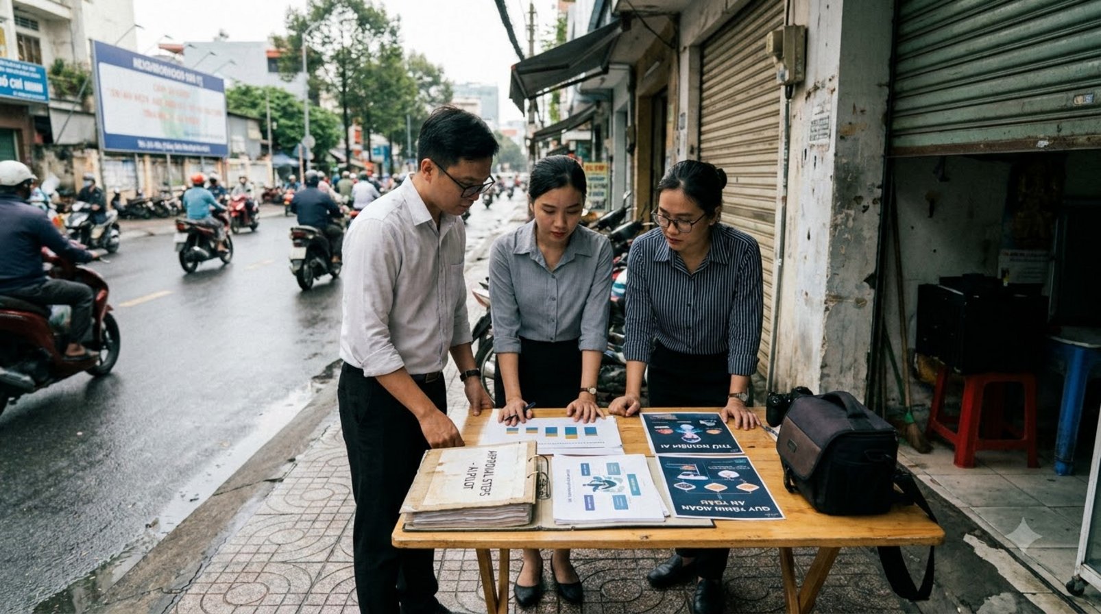 A small marketing team standing outside a storefront office, reviewing an AI testing document set