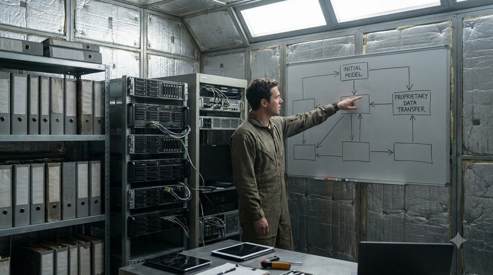 Company data storage room with servers and a data transfer diagram on a wall board