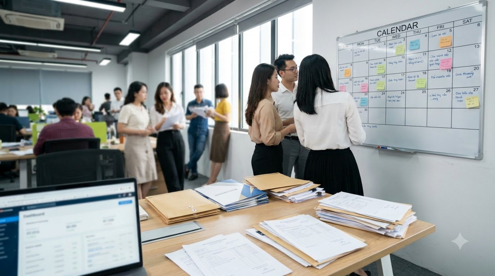Nhóm marketing Việt Nam đứng quanh bảng kế hoạch, giấy tờ và vật phẩm thương hiệu