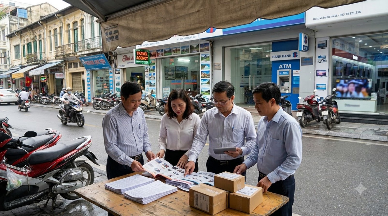 Nhóm chủ cửa hàng đứng trước dãy mặt bằng, xem catalog và giấy tờ dữ liệu thương mại
