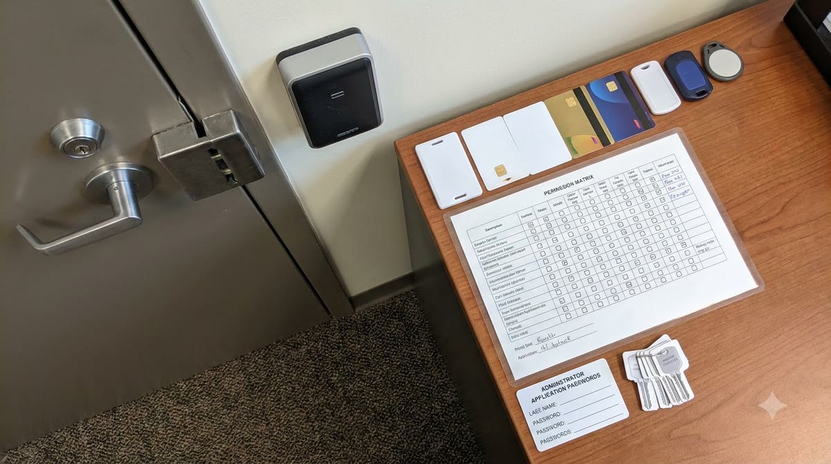 A server-room door lock, card reader, and permission board beside different access cards