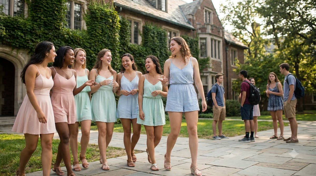 Students walking past the sorority house during a lively selection event