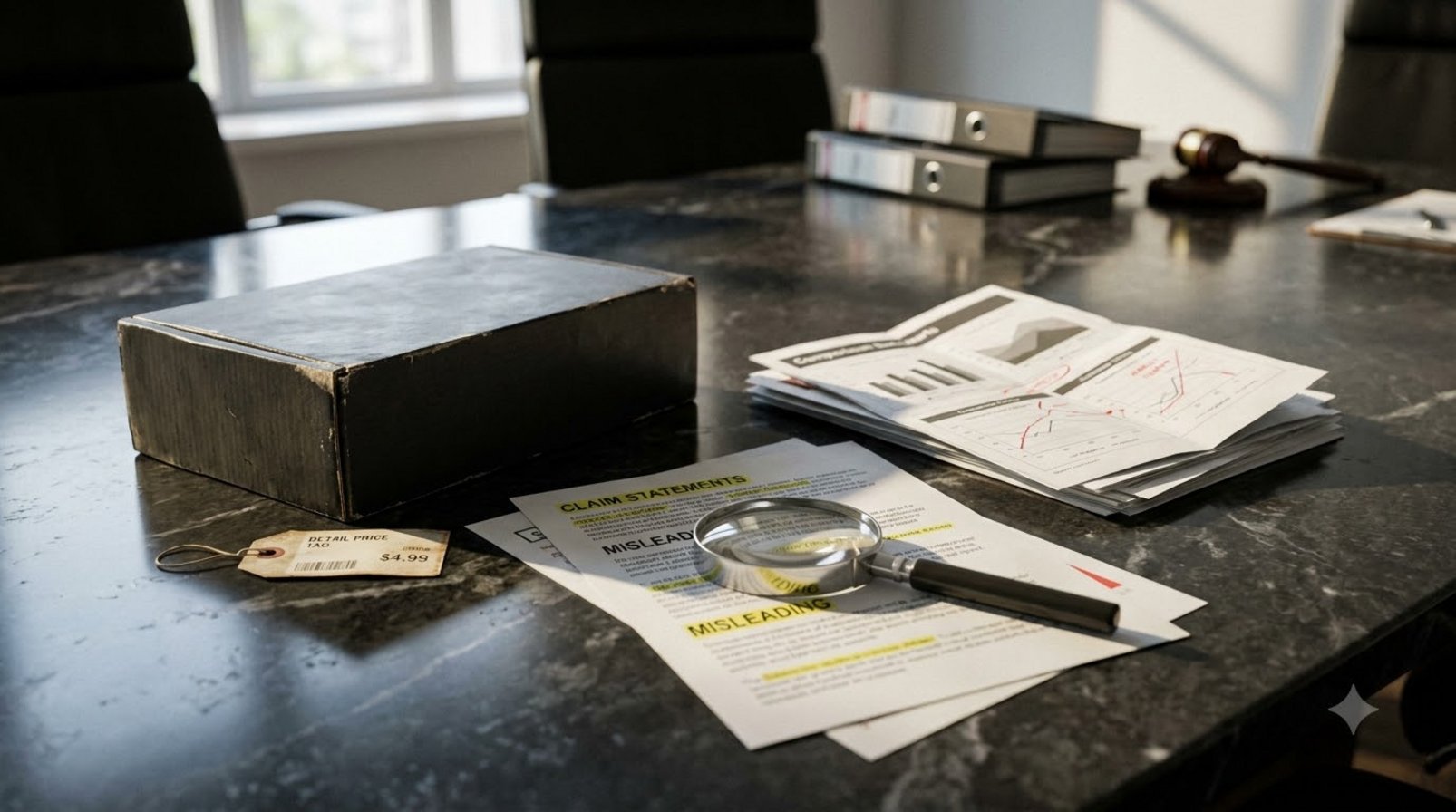 Product packaging, price tags and comparison documents placed on a stone tabletop