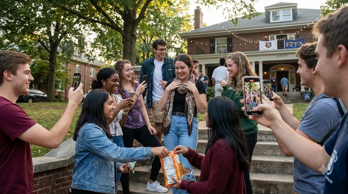 A group of students gathering to film, photograph, and share moments outside campus
