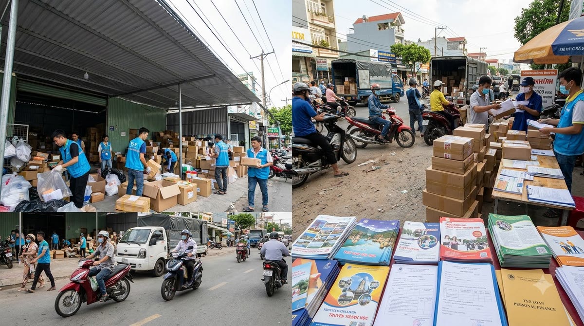 Khu phân loại kiện hàng và điểm nhận hồ sơ bên đường phố Việt Nam
