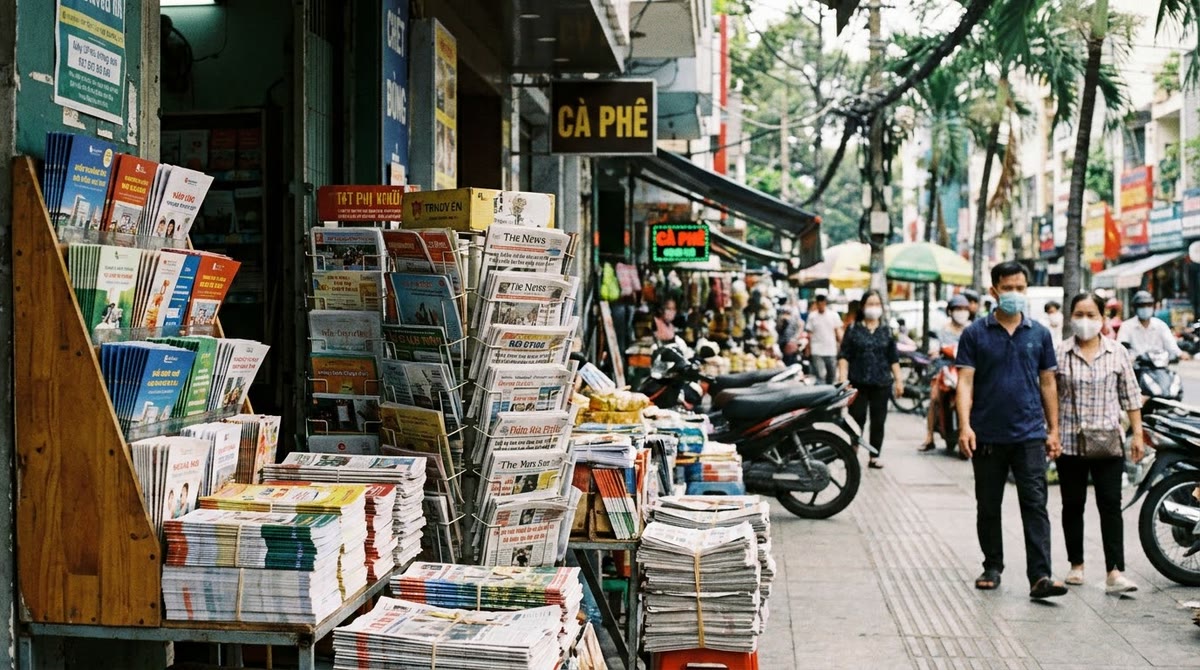 Quầy báo và quán cà phê vỉa hè ở Sài Gòn với nhiều ấn phẩm phát hành