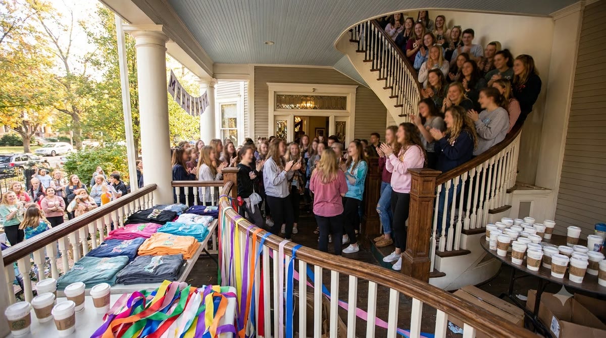 Students gather in front of a dorm house, with T-shirts and rush items filling the entrance