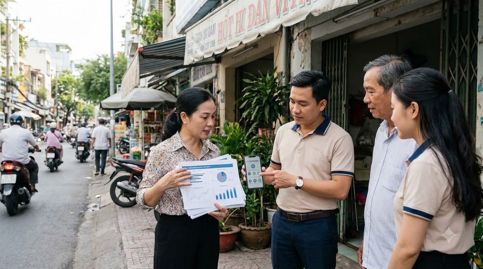 Nhóm doanh nghiệp nhỏ họp trước cửa hàng, xem báo cáo và quy trình tự động