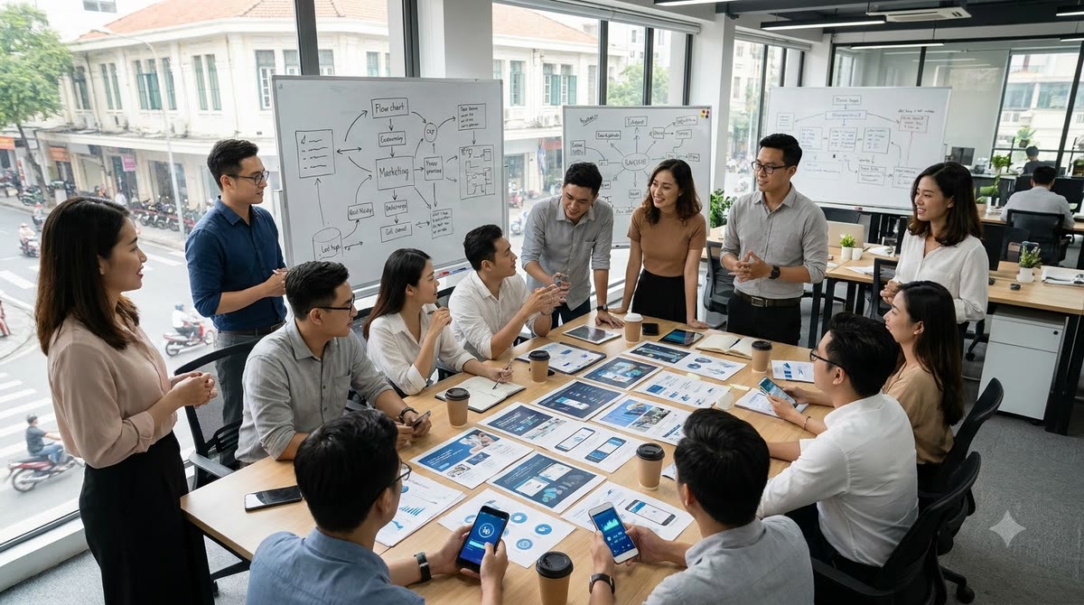 Nhóm marketing ở TP.HCM xem bản in, bảng trắng và điện thoại trên bàn